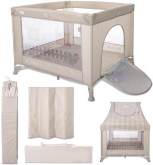Lorelli Baby Laufstall My Place mit Dach, kleiner Laufgitter 100x100 cm, Absperrgitter mit atmungsaktivem Netz, Schutzgitter mit Reißverschlusstür, faltbarer Krabbelgitter, Beige