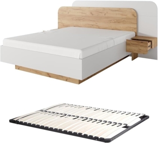 Vente-unique - Bett mit Nachttischen + Lattenrost - 160 x 200 cm - Mit LED-Beleuchtung - Holzfarben & Weiß - DESADO