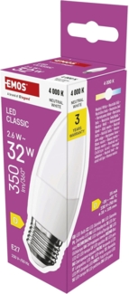 EMOS LED Lampe Candle, 2,5W Ersatz für 32W Glühbirne, Kerzenlampe mit E27 Sockel, Helligkeit 350 lm, Neutralweiß 4000 K, 30000 h Lebensdauer, CRI min. 80, 240° Abstrahlwinkel