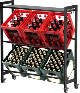 RAMROXX Flaschenregal Fahrbares Kastenregal 3-3 für 6 Getränkekisten und Ablage 4 Rollen