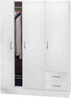 Kleiderschrank mit drei Türen und zwei Schubladen mit Einlegeböden und Kleiderstange, Farbe weiß, Maße 120 x 170 x 50 cm