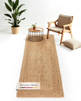 carpetfine Juteteppich Nele Läufer Brücke Beige handgewebt aus Jute 80x500 cm | Moderner Naturfaserteppich im Boho Style für Küche, Flur und Brücke