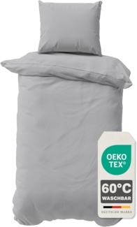 Müskaan - 2 teilig Renforcé Uni Bettwäsche mit Kopfkissen Garnitur, Reißverschluss - für Allergiker geeignet, atmungsaktiv, Silber, 155x220 / 80x80 cm, 100% Baumwolle