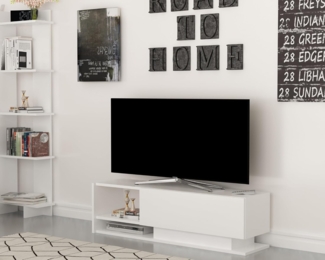 Hanah Home Modern White TV Stand, 120 cm, 100% Melamine Coated Particle Board, 18 mm Thick | Wall-Mountable, Multiple Shelves, Stylish & Functional Design