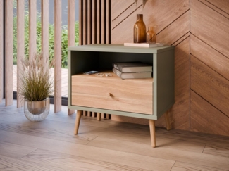 Forte Harllson, einfache Montage Dank EasyKlix Nachttisch Salbei mit Holzdekor: Mauvella Eiche, Nachtkommode mit Schublade, skandinavischer Stil 60 cm breit x 58 cm hoch x 41 cm tief