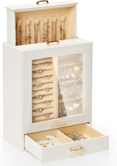 Yorbay Schmuckkasten mit 3 Schubladen (Schmuckkoffer mit Glasfenster), Schmuckschatulle für Halsketten, Ringe, Armbänder, Ohrringe