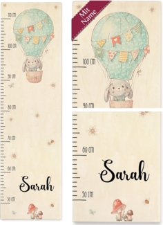 Messlatte - Hase in Heißluftballon mit Name - Geschenk für Kinder - 50-110 cm - Holz - hasenmotiv