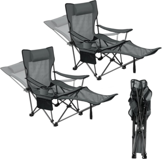 eSituro Faltstuhl Klappstuhl Campingstuhl klappbar, 2er Set, bis 150 kg, Angelstuhl Anglersessel faltbar, Campingliege mit Getränkehalter & Tragetasche, Grau