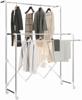 HOMCOM Wäscheständer Edelstahl Turmwäscheständer auf Rollen, mit 3 verstellbaren Stangen, für Lange Kleidungsstücke, für Wohnung, 104-150 x 103 x 145-197cm, Silber