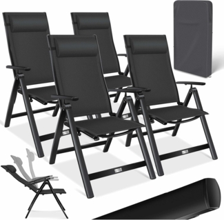 KESSER® Gartenstuhl Hochlehner mit Armlehnen | Aluminium Klappstuhl inkl. Kopfkissen Campingstuhl 7-Fach Verstellbar Rückenlehne | Atmungsaktiv & Wetterfest | Klappbar & Anti-Rutsch Schwarz, 4 Stück