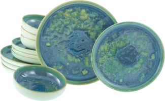 CreaTable Tafelservice Yuki Grün-blau Tellerset 12-tlg (12-tlg), 4 Personen, Steinzeug