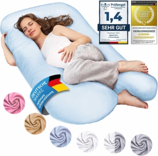 SMOOTHY Schwangerschaftskissen, Seitenschläferkissen, Lagerungskissen, Baby-Kissen & Stillkissen in U-Form mit abnehmbarem & waschbarem Bezug aus 100% Baumwolle (Junior XL, 120 x 70 cm, Hellblau)