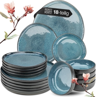 Moritz & Moritz Tafelservice ORGANIC reaktiv blau Geschirrset 18 tlg. (18-tlg), 6 Personen, Steinzeug, Kombigeschirr für 6 Personen