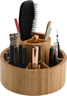 MSV Make-Up Organizer ISALYS, drehbarer Aufbewahrungsständer für Kosmetik und Schminkutensilien, Stifte und Büromaterial, Bambus, rund, 360° rotierend, 11 Aufbewahrungsfächer, 20x15,3 cm, Farbe natur