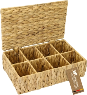 HMF Teebox Teebox für Teebeutel geflochten aus Wasserhyazinthe, Wasserhyazinthe, Tee Aufbewahrungsbox mit 8 großen Fächern, 33 x 21 x 10 cm