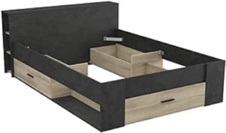 Demeyere Lit Avec Rangement 140x190 Industriel 3 Tiroirs – Coloris Noir Mat und Chêne - 150,1 x 217,1 x 74,3 cm