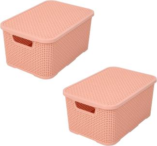 BranQ - Home essential Korb mit Deckel in Rattan Design 2er Set Grösse M 10 l, BPA-frei Kunststoff PP, Lachsrosa, 28,8x19,7x16,2 cm, 2 Stk.