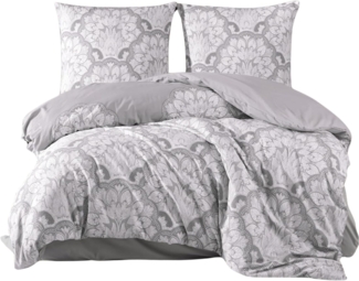 yadetextil Bettwäsche Baumwolle Bettbezug Grau Barockstill weiß geblümt, Renforce, 3 teilig, Bettwäsche-Set 240x220 cm Baumwolle Barockstill grau, weiß geblümt.