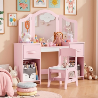 Clevich 2 in 1 Schminktisch Kinder mit Abnehmbarem Spiegel & Hocker, Prinzessin Frisiertisch mit Aufbewahrungsbox, Schreibtisch aus Holz für Mädchen und Jungen, Rosa-Weiß
