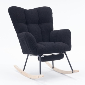 SeedWave Schaukelstuhl Teddy Schaukelsessel Wohnzimmer mit Fußstütze und Seitentasche, Relaxsessel mit Metallrahmen, Massivholzsockel mit Boden Schutzfilz