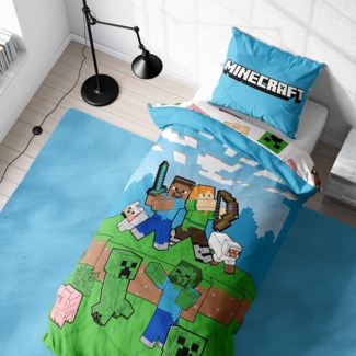 MTOnlinehandel Bettwäsche Minecraft Pixelwelt 135x200 + 80x80 cm in Renforcé, 100% Baumwolle, 2 teilig, Geschenk für Gamer