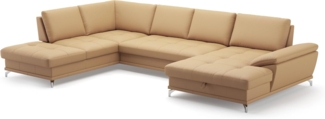 Cavadore Wohnlandschaft Castiel mit Federkern / Sofalandschaft mit großem Longchair, Sitztiefenverstellung und satinierten Metallfüßen / 363 x 89 x 223 / Echtleder, Beige