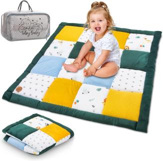 Baby Krabbeldecke Velvet spieldecke 100x100 cm - PATCHWORK Laufgittereinlage Baumwolle mit Velvet und Waffelpique Safari