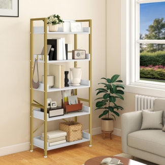 YITAHOME Bücherregal 5 Etagen, Stehend Offen Bücherregal, Metal Schmal Hoch mit 4 Haken Industrielles Lagerregal für Wohnzimmer, Heimbüro, Golden