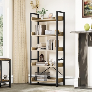 YITAHOME Bücherregal 5 Etagen, Bodenstehendes Bücherregal, Holzregal und stabiles Stahlrahmenregal mit 4 Haken Industrielles Lagerregal für Wohnzimmer, Heimbüro, Eiche Farbe