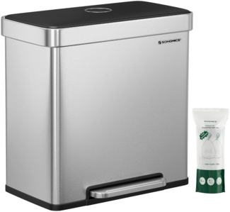 Songmics Mülleimer Küche, 2x30L, Mülltrennsystem, 2 Fächer, 15 Müllsäcke, Abfalleimer aus Edelstahl, Inneneimer aus Kunststoff, mit Deckel, Softclose, 58 x 31,5 x 59 cm, silbern LTB202E01