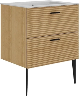 Vente-unique - Badezimmermöbel geriffelt auf Füßen mit Einbauwaschbecken - 2 Schubladen - Natur hell - 60 cm - SARONE