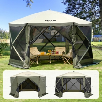 VEVOR Pop-Up-Pavillonzelt, Pop-Up-Zelt mit 6-seitigem Baldachin, Sonnenschutz mit 6 abnehmbaren Sichtschutz-Windtüchern und Netzfenstern, 12x12 Fuß, Schnellaufbau-Zelt mit Moskitonetz, Armeegrün