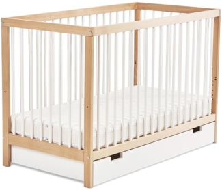 Ehrenkind® Babybett PUR inkl. Schublade 120x60 Buchenholz | Natur-Weiß | Kinderbett 9-Fach höhenverstellbar mit entnehmbaren Stangen | Baby Bett