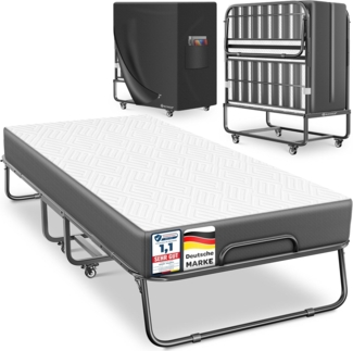 KESSER® Klappbett 200x90cm Gästebett inkl. Matratze aus Memory-Schaum & Rollen | faltbares Reisebett mit Metallrahmen für Erwachsene belastbar bis 250kg | Metallbett mit Schaumstoffmatratze & Cover Anthrazit / Weiß, Premium Komfort