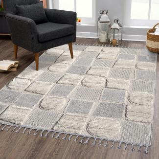 carpet city Teppich Boho Wohnzimmer - Creme - 160x230 cm - Patchwork-Muster - Relief-Optik, 3D-Effekt - Cut-&Loop, Sisal - Moderne Fransen-Teppiche Schlafzimmer