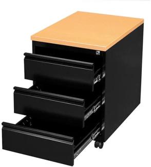 Profi Stahl Büro Rollcontainer Bürocontainer Holzabdeckplatte 3 Schubladen Maße: 62 x 46 x 59 cm RAL 9005 Schwarz/Platte Buche-Dekor 505301