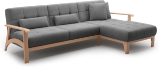 Cavadore Ecksofa Billan / Eckcouch im skandinavischen Design mit Longchair und massivem Holzgestell in Buche / 264 x 88 x 183 / Flachgewebe, Grau
