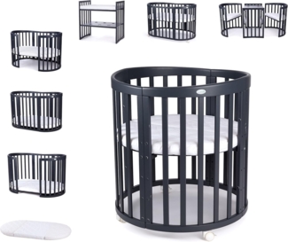 Waldin Babybett Mobiles Babybett OWAL aus Holz 7in1 mit Matratze, mitwachsend