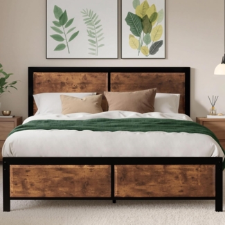 VECELO Bettgestell 140x200 cm Metallbett mit Dick Holzkopfteil, Bettrahmen Doppelbett aus Metal mit Lattenrost, viel Stauraum unter dem Bett, perfekt für Schlafzimmer, Braun