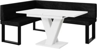 MEBLINI Eckbank für Esszimmer mit ausziehbarem Tisch - Küchenbank - Essecke - Sitzecke Küche - TONI - U-Beine 128x168x87cm Links - Graphit Samt/M Weiß Matt