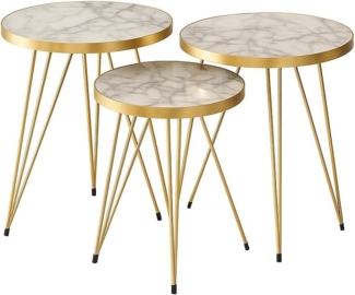 Jungengel Beistelltisch Set 3-teilig rund Marmoroptik Weiß Gold Retro Modern Stehtisch (Beistelltisch-Set, 3-St, 3-teilig), 3 Beistelltische, weißer Marmorlook, goldene Beine, Marmortische