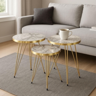 Jungengel Beistelltisch Set 3-teilig rund Marmoroptik Weiß Gold Retro Modern Stehtisch (Beistelltisch-Set, 3-St, 3-teilig), 3 Beistelltische, weißer Marmorlook, goldene Beine, Marmortische
