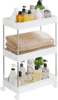 SONGMICS Rollwagen, Küchenwagen mit 3 Ebenen, Küchenregal, Nischenregal, mit 6 Haken, 360° drehbare Räder, arretierbar, Stahlgestell, Bad, Küche, Büro, weiß KSC009W01