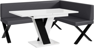 MEBLINI Eckbank für Esszimmer mit ausziehbarem Tisch - Küchenbank - Essecke - Sitzecke Küche - ERIC - X-Beine 128x168x87cm Rechts - Grau Kunstleder/M Weiß-Schwarz Hochgl.