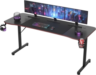 JUMMICO Gaming Tisch Groß, Gaming-Schreibtisch, Computertisch, Arbeitsplatz, Ergonomischer Gamer-Tisch mit Headsethaken, Getränkehalter, 180x60 cm, Schwarz.