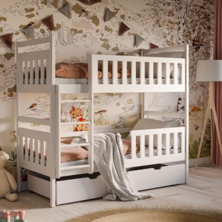 Kids Collective Hochbett 80x180, 90x200 cm mit 2 Schubladen Kinderbett mit Rausfallschutz Lattenrost, umbaubar in 2 Kinderbetten, Vollholz, weiß, 200x90