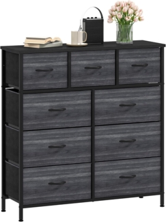 DWVO Kommode mit 9 Schubladen, Schrank aus Stoff mit Griffen, Metallgestell & MDF-Holzplatte, langlebig, für Schlafzimmer & Wohnzimmer,Schwarz Grau