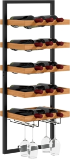 HOMCOM Weinregal wandmontierbar mit 5 Ebenen, stapelbar für 15 Flaschen und 4 Gläser, Flaschenregal 1-tlg, Kiefernholz, Stahl, für Küche Esszimmer Bar, Braun