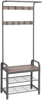 Vasagle Garderobenständer, Garderobe, Schuhregal mit Sitzfläche, Kleiderständer mit 9 abnehmbaren Haken, Sitzbank, 2 Gitterablagen, 183 cm hoch, Industrie-Design, greige-grau, HSR40MG