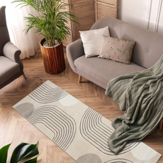 Teppich Läufer Kurzflor Beige Braun - 80x300cm - Boho Abstrakt Muster Modern Skandinavisch Wohnteppich Schlafzimmer